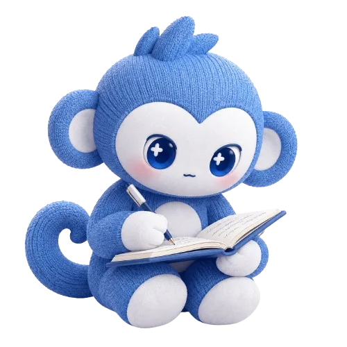 The Vinci mascot sitting and writing notes in a notebook