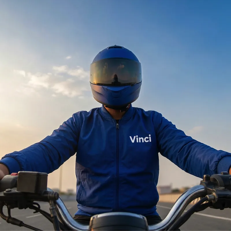 Verified Vinci task partner in a blue jacket and helmet, ready to ride