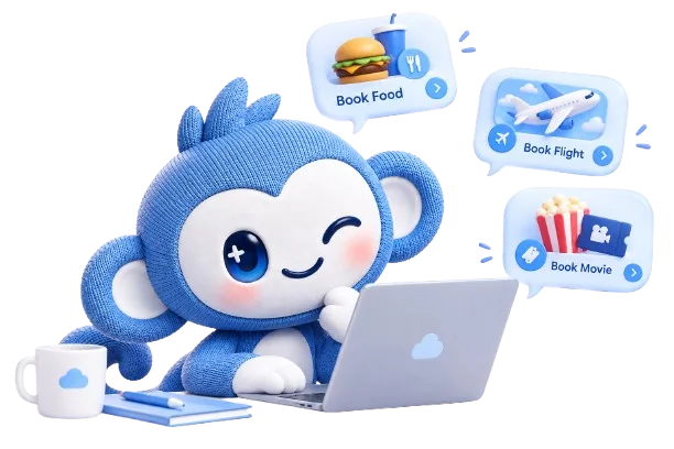 The Vinci mascot winking at a laptop, with cards for booking food, a flight and a movie